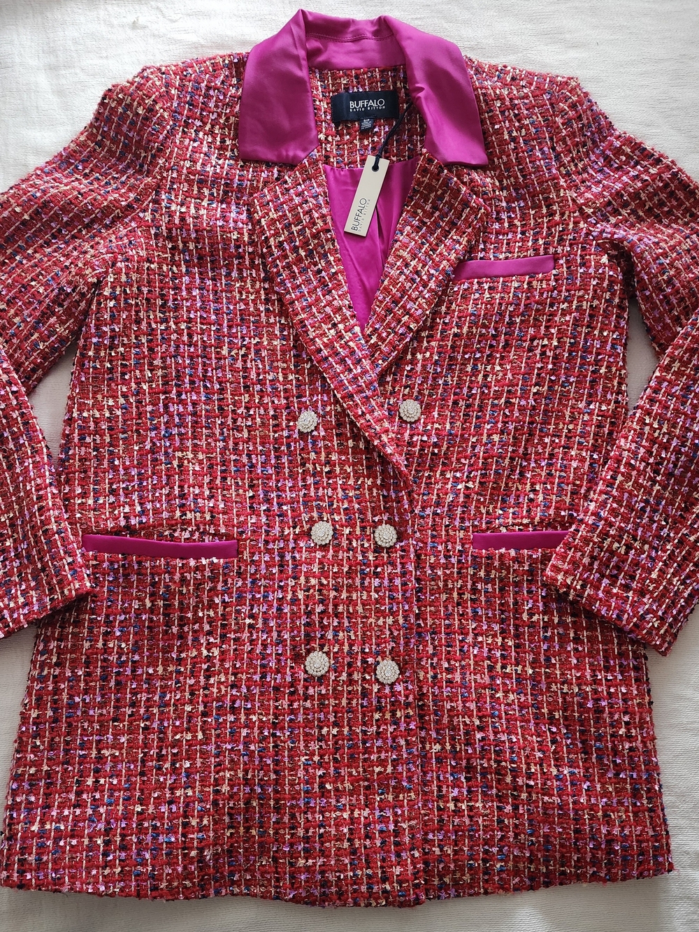 Buffalo David Bitton NWT Pink Red Multi Tweed Double Breasted Blazer Size S